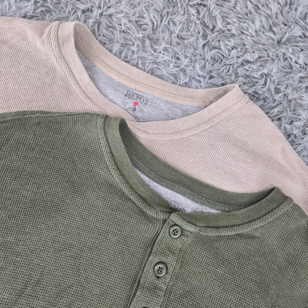 RedHead Mens 3XL Green Tan Waffle Knit Long Sleeve Henley Shirt Bundle 2pk